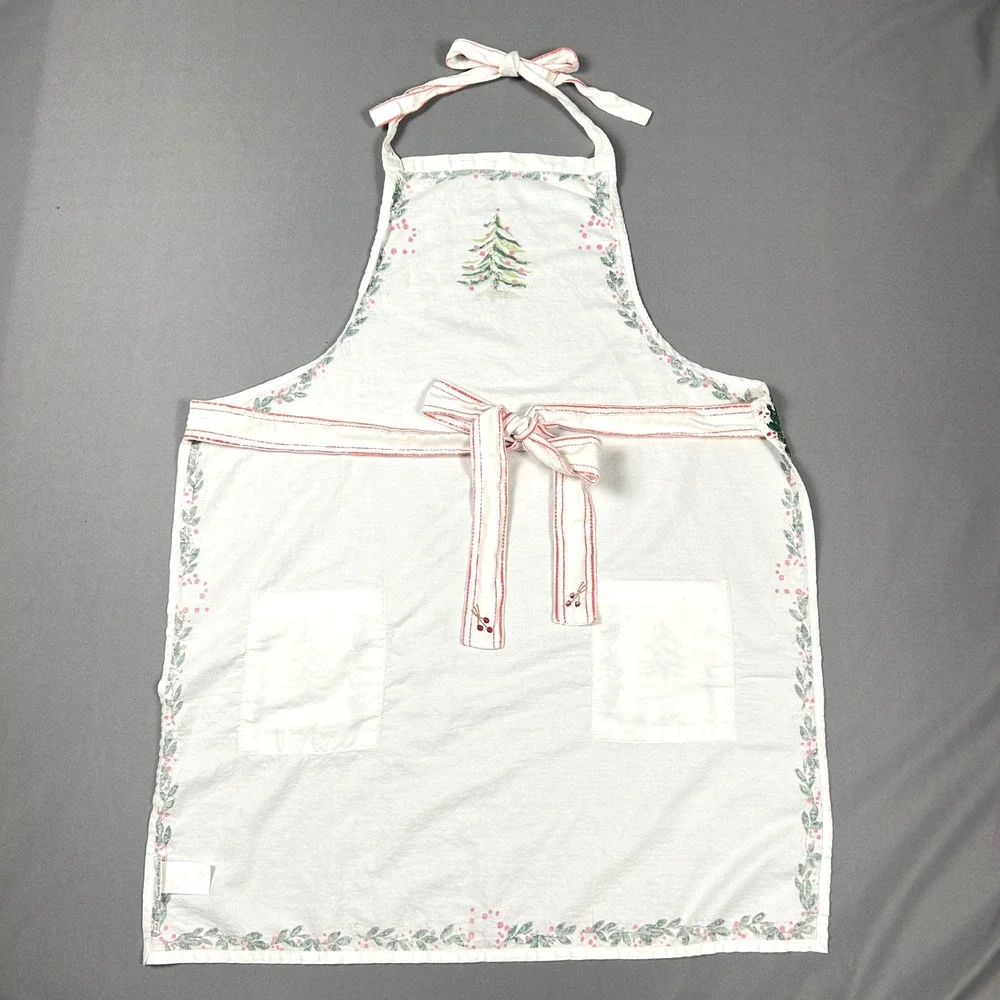 Sur La Table Christmas Apron White Cotton Tree Holly Print 29x36 Holiday Festive